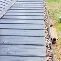 Metal roof with accumulation of leaves and debris along the edge, indicating potential maintenance need.